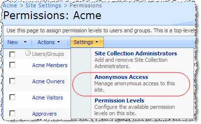 Figure 9 – Anonymous Access menu option on the Permissions Settings menu Figure 9 – Anonymous Access menu option on the Permissions Settings menu