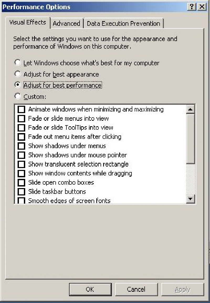 Performace Options - Visual Effects Performace Options - Visual Effects