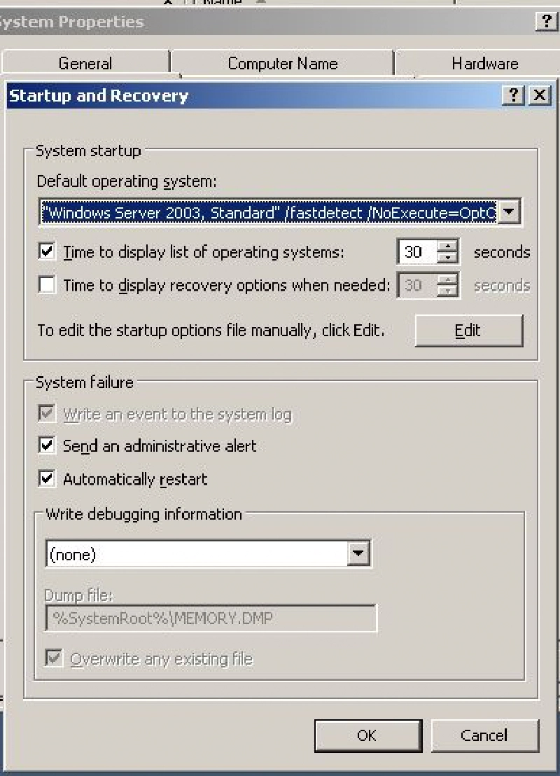 System Properties - Startup and Recovery System Properties - Startup and Recovery