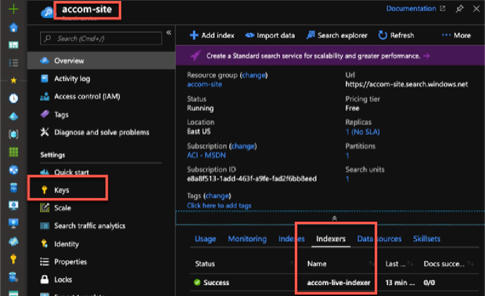 Azure Search instance details