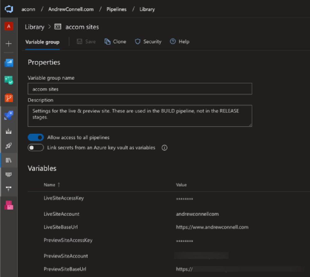 Azure DevOps Pipeline Library properties