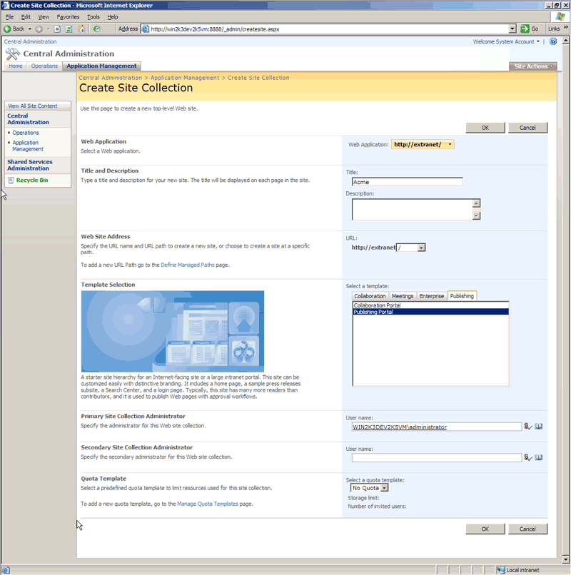 Figure 4 - Creating Site Collection