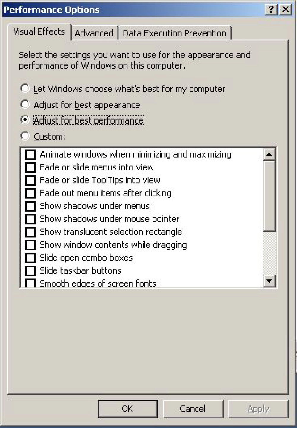 Performace Options - Visual Effects