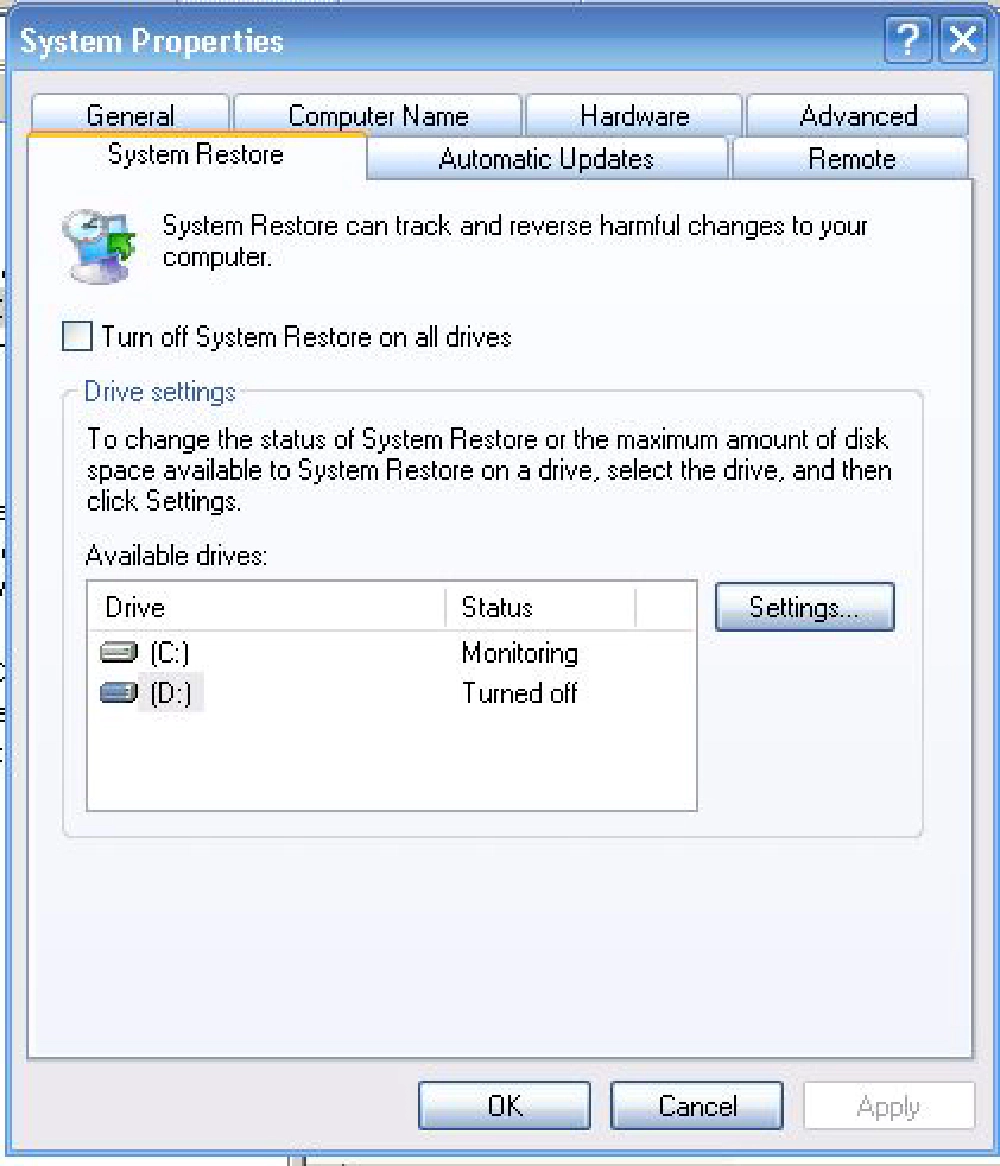 System Properties - System Restore