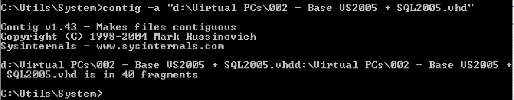 Defragmentation results from the Sysinternals utility 'contig'