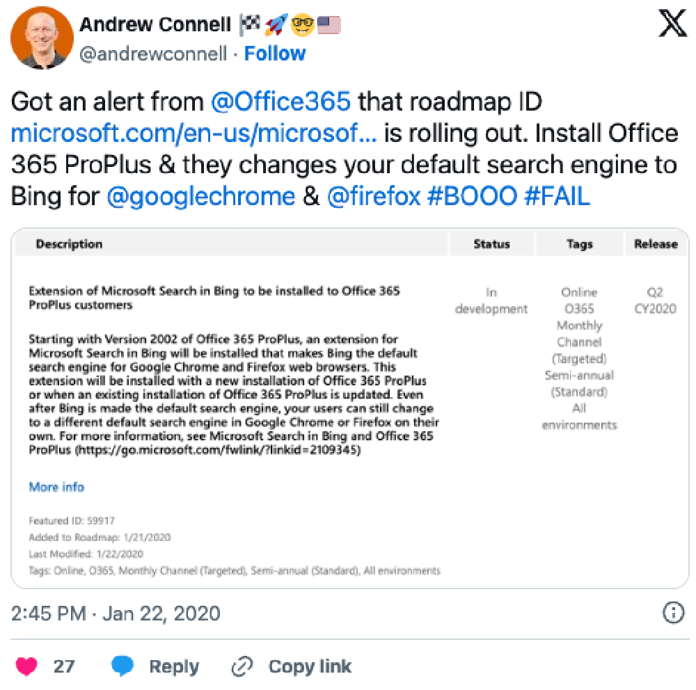 Screenshot of deleted tweet: 'Got an alert from @Office365 that roadmap ID https://microsoft.com/en-us/microsoft-365/roadmap?filters=&searchterms=59917 is rolling out. Install Office 365 ProPlus & they changes your default search engine to Bing for @googlechrome & @firefox #BOOO #FAIL'