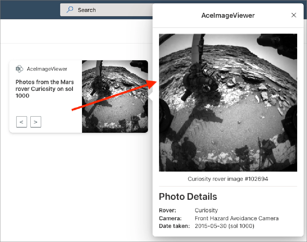 ACE Image Card displaying dynamic images from Mars rovers with the NASA Open API