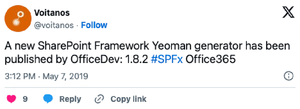 Screenshot of deleted tweet: 'A new SharePoint Framework Yeoman generator has been published by OfficeDev: 1.8.2 #SPFx #Office365'